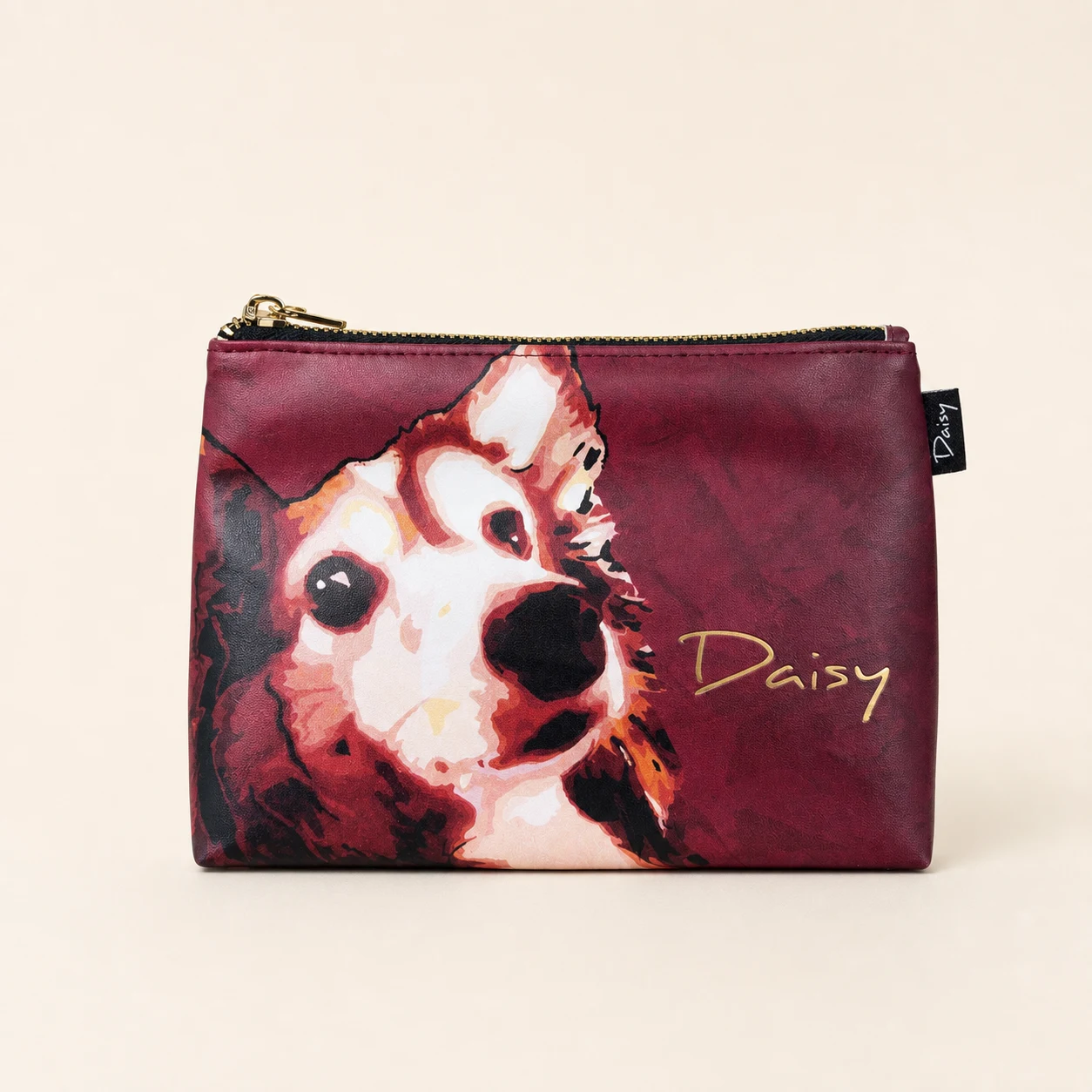 Daisy Pattern Flat Pencil Case — Burgundy