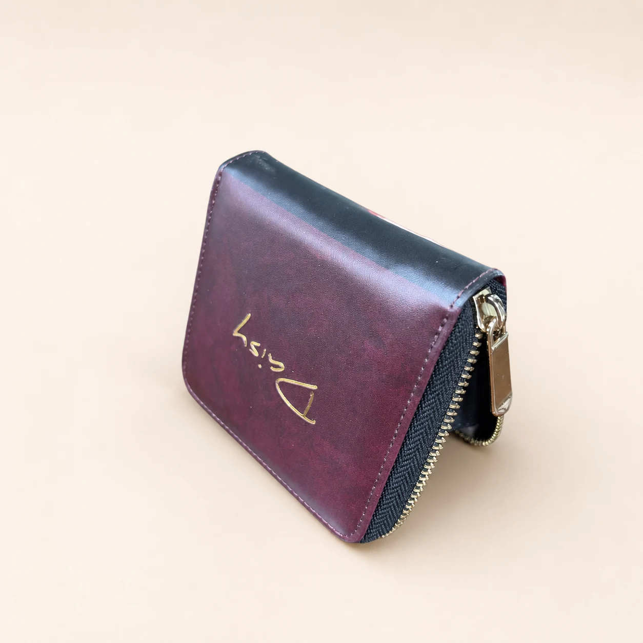 Daisy Pattern Short Wallet with Zipper — Burgundy view 4