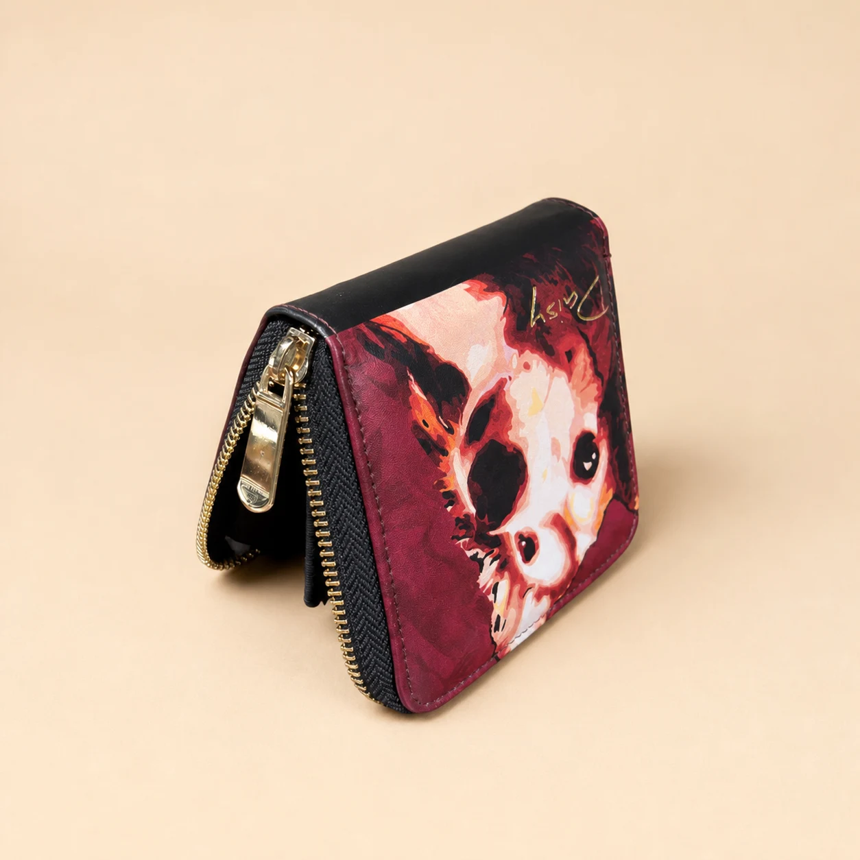 Daisy Pattern Short Wallet with Zipper — Burgundy view 3