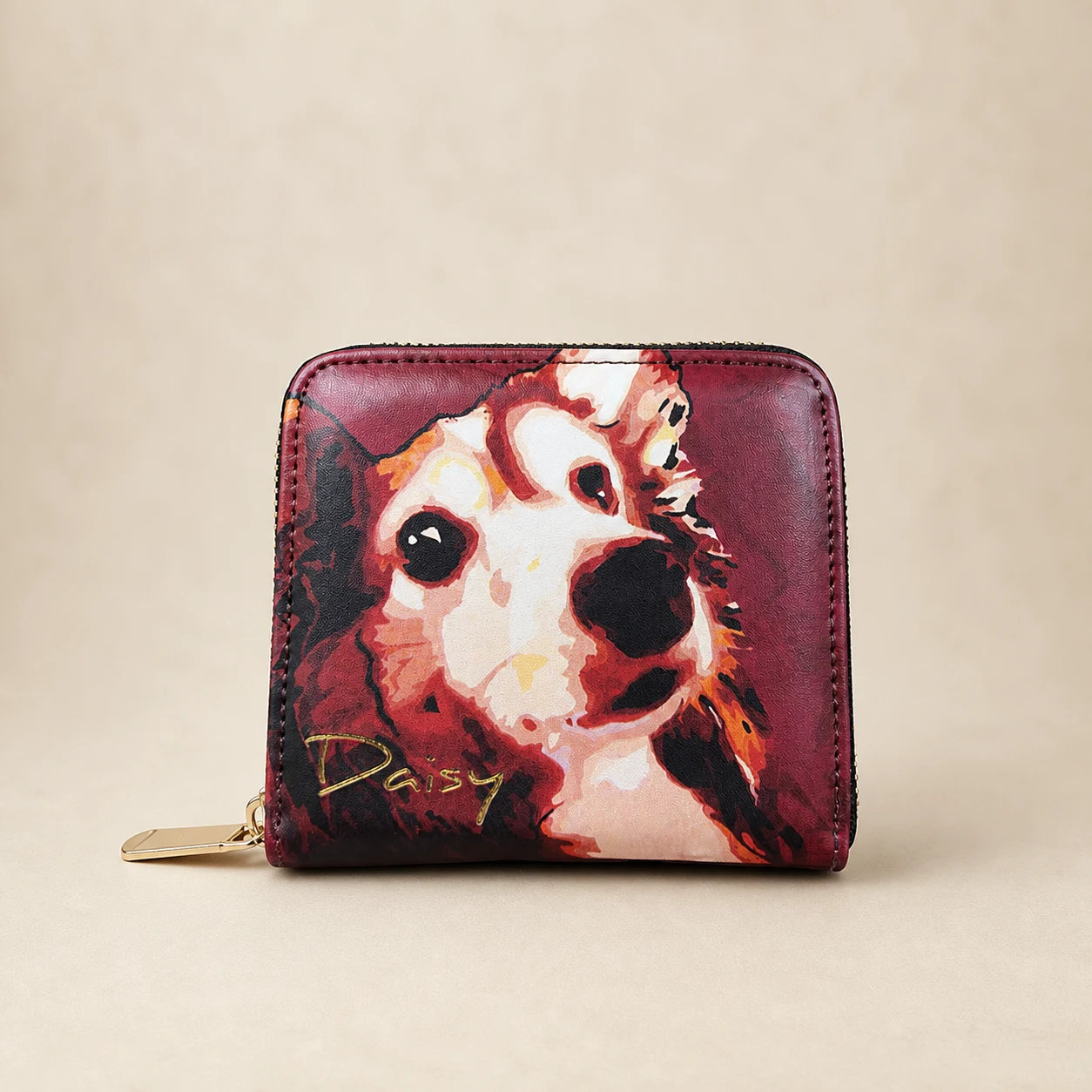 Daisy Pattern Short Wallet with Zipper — Burgundy